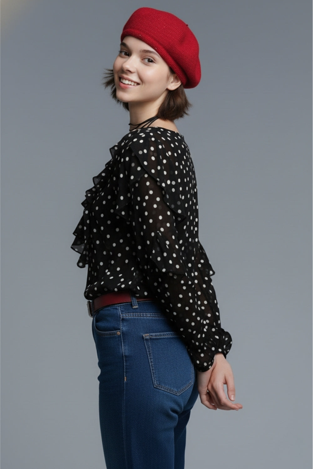 Ruffled Black Polka-Dot V-Neck Top in chiffon fabric - top