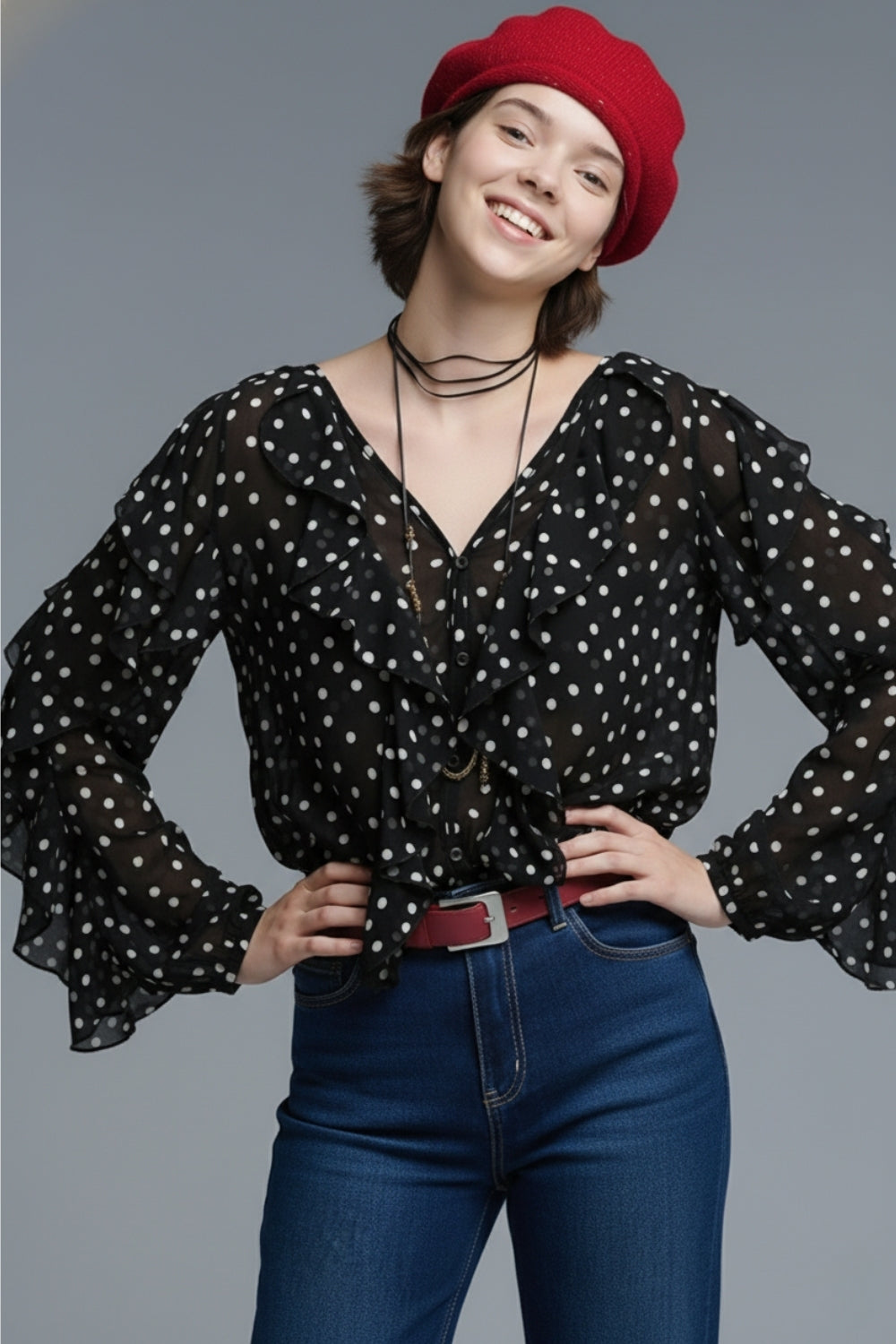 Ruffled Black Polka-Dot V-Neck Top in chiffon fabric - top