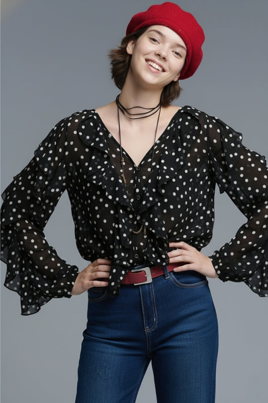 Ruffled Black Polka-Dot V-Neck Top in chiffon fabric - top