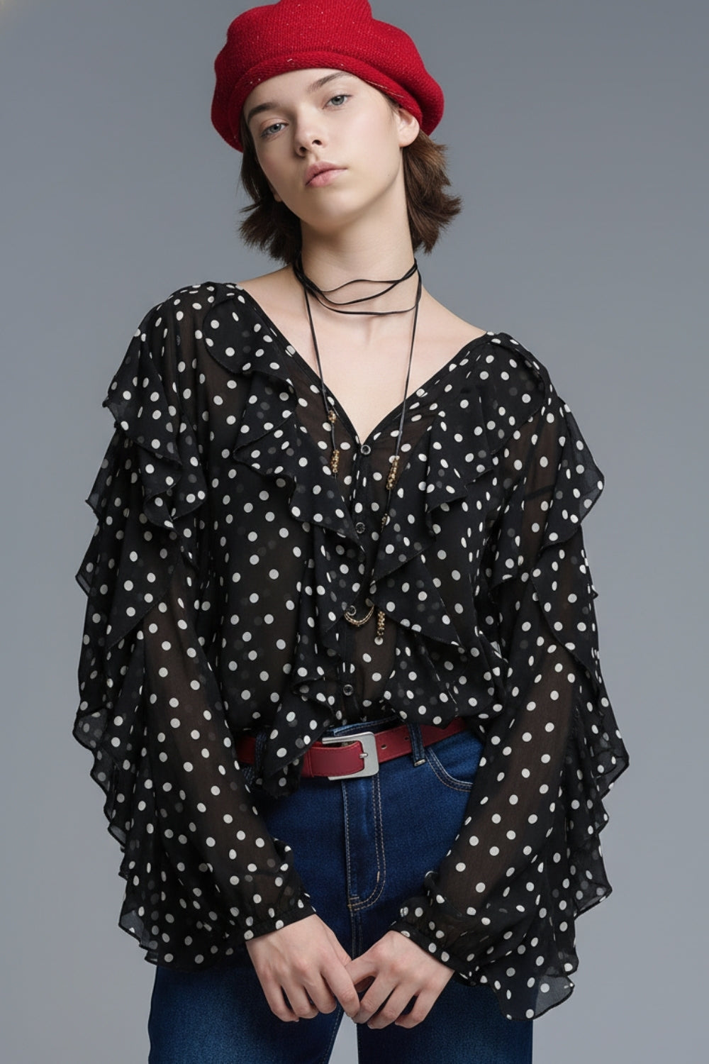 Ruffled Black Polka-Dot V-Neck Top in chiffon fabric - top
