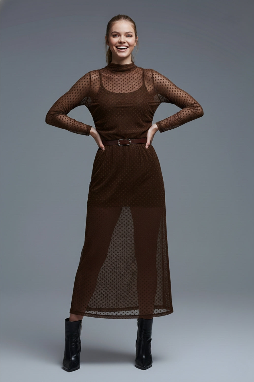 Brown Polka Dot Maxi Dress in sheer fabric