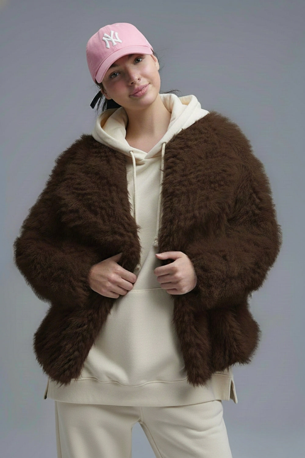 Chic brown Faux Fur Jacket with a wide neck - blazer