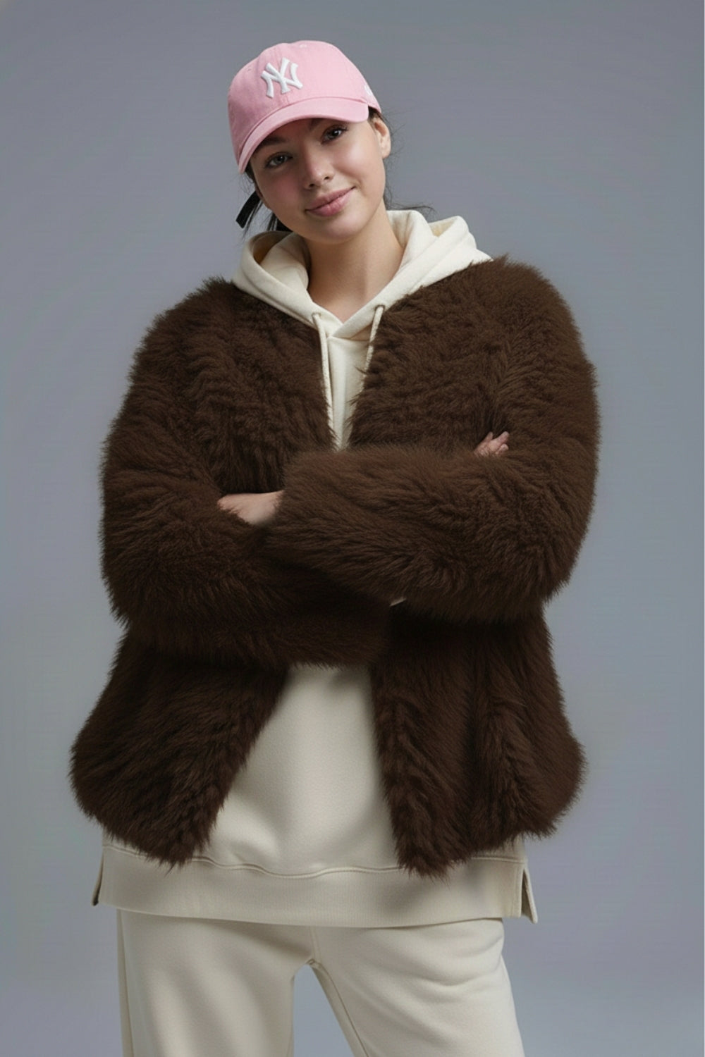 Chic brown Faux Fur Jacket with a wide neck - blazer