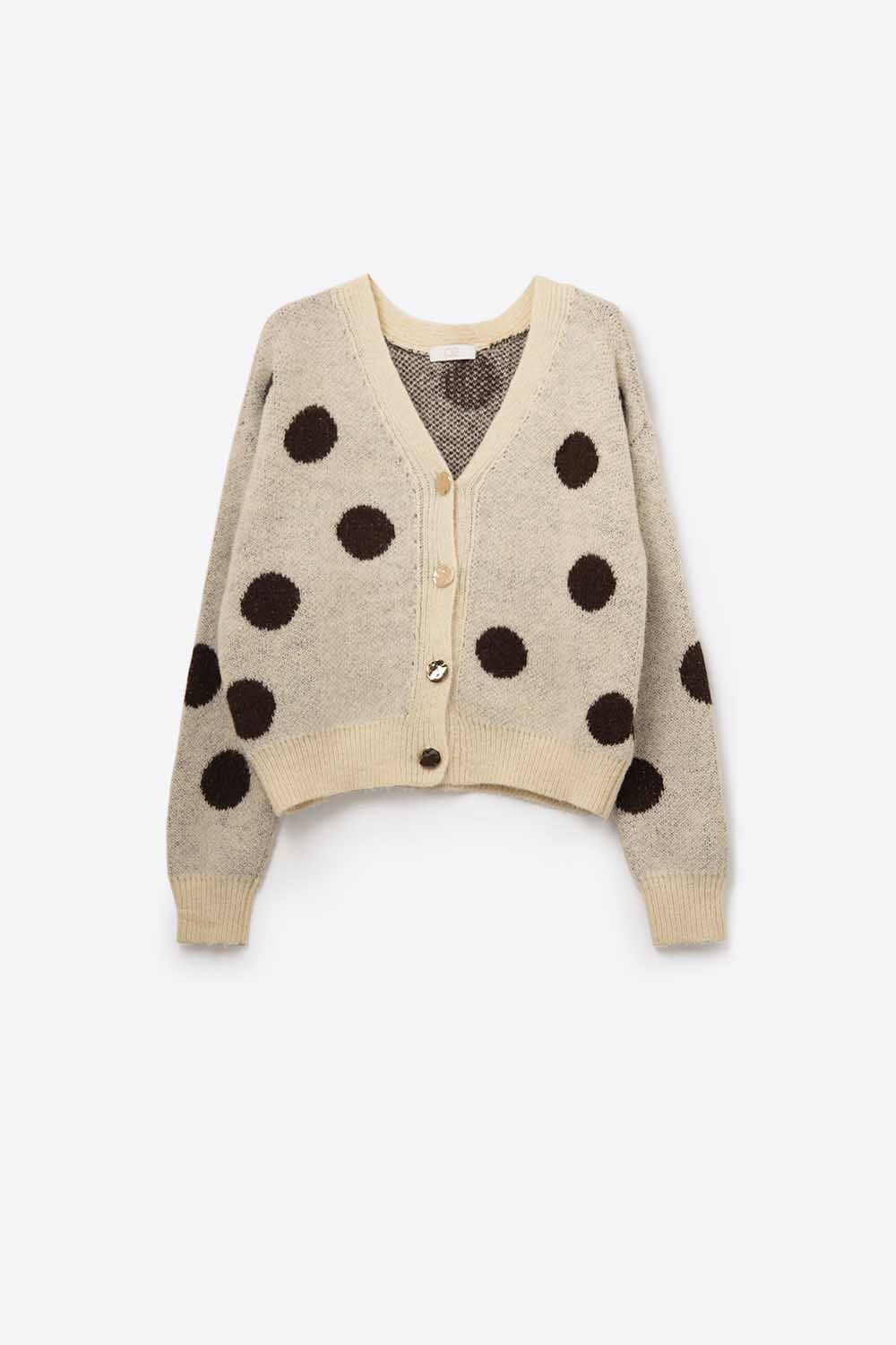 Cream knitted jacket with large brown polka dots and gold buttons