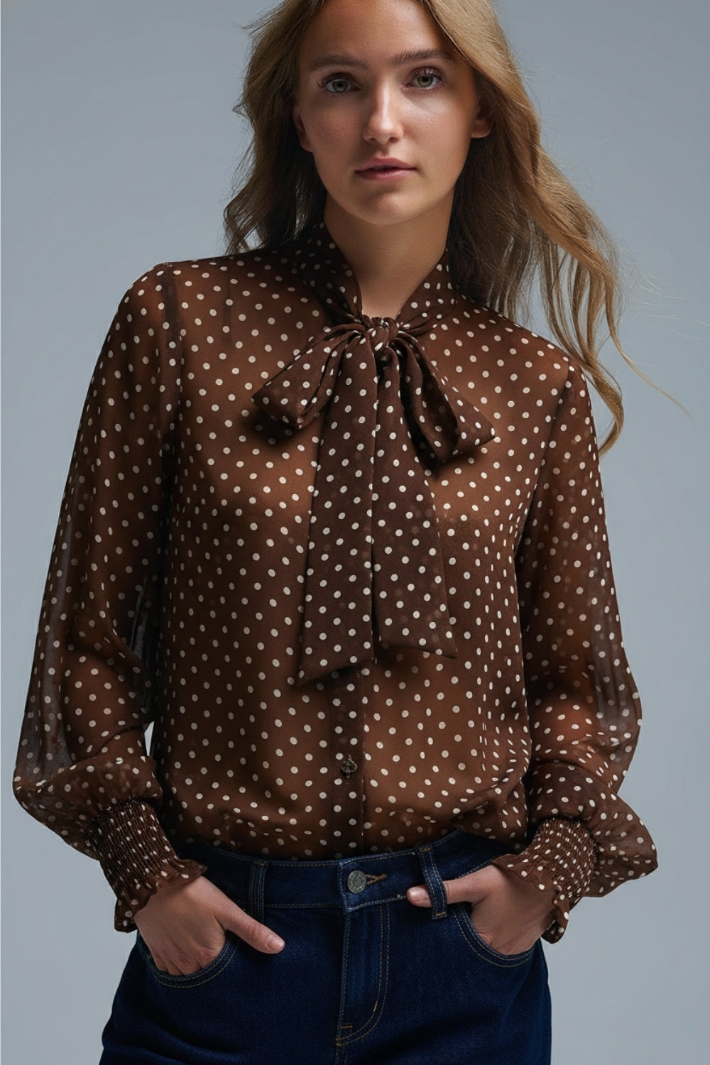 Brown Polka-Dot Shirt with Lace Detail in chiffon fabric - top