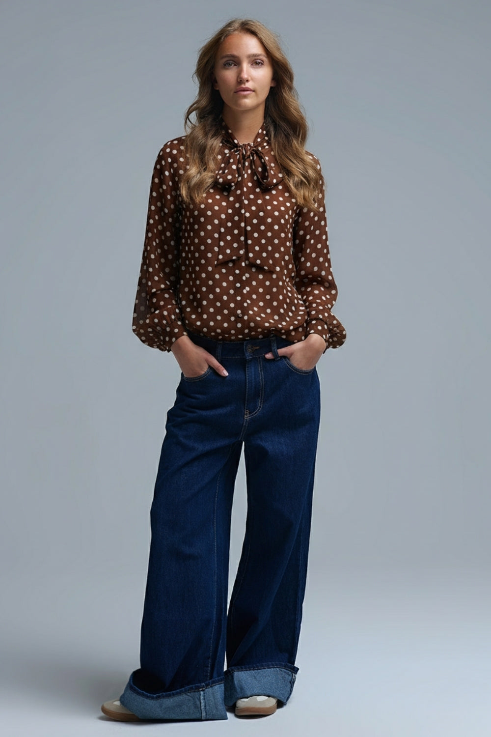 Brown Polka-Dot Shirt with Lace Detail in chiffon fabric - top