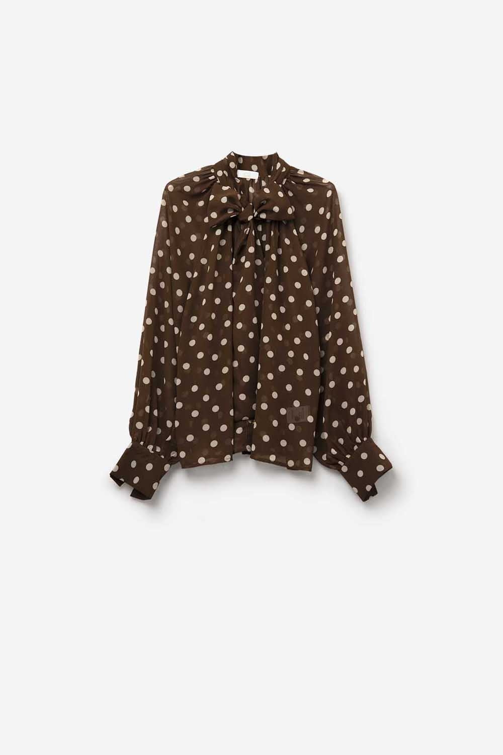 Brown Polka-Dot Shirt with Lace Detail in chiffon fabric - top
