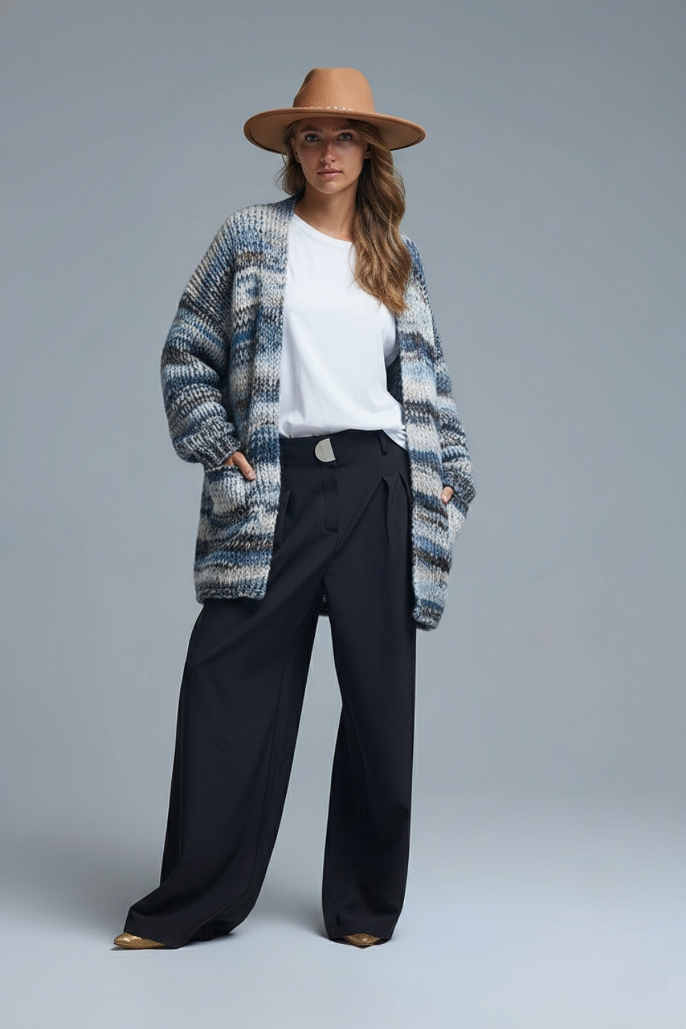 Oversized mottled striped long cardigan with pockets in Blue - Cardigans