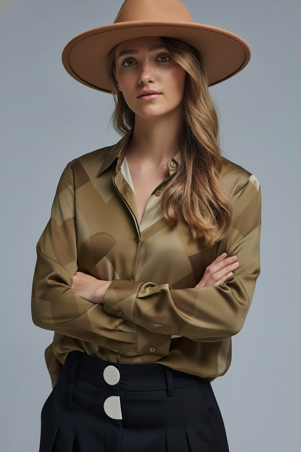 Green satin shirt with geometric print - Shirts