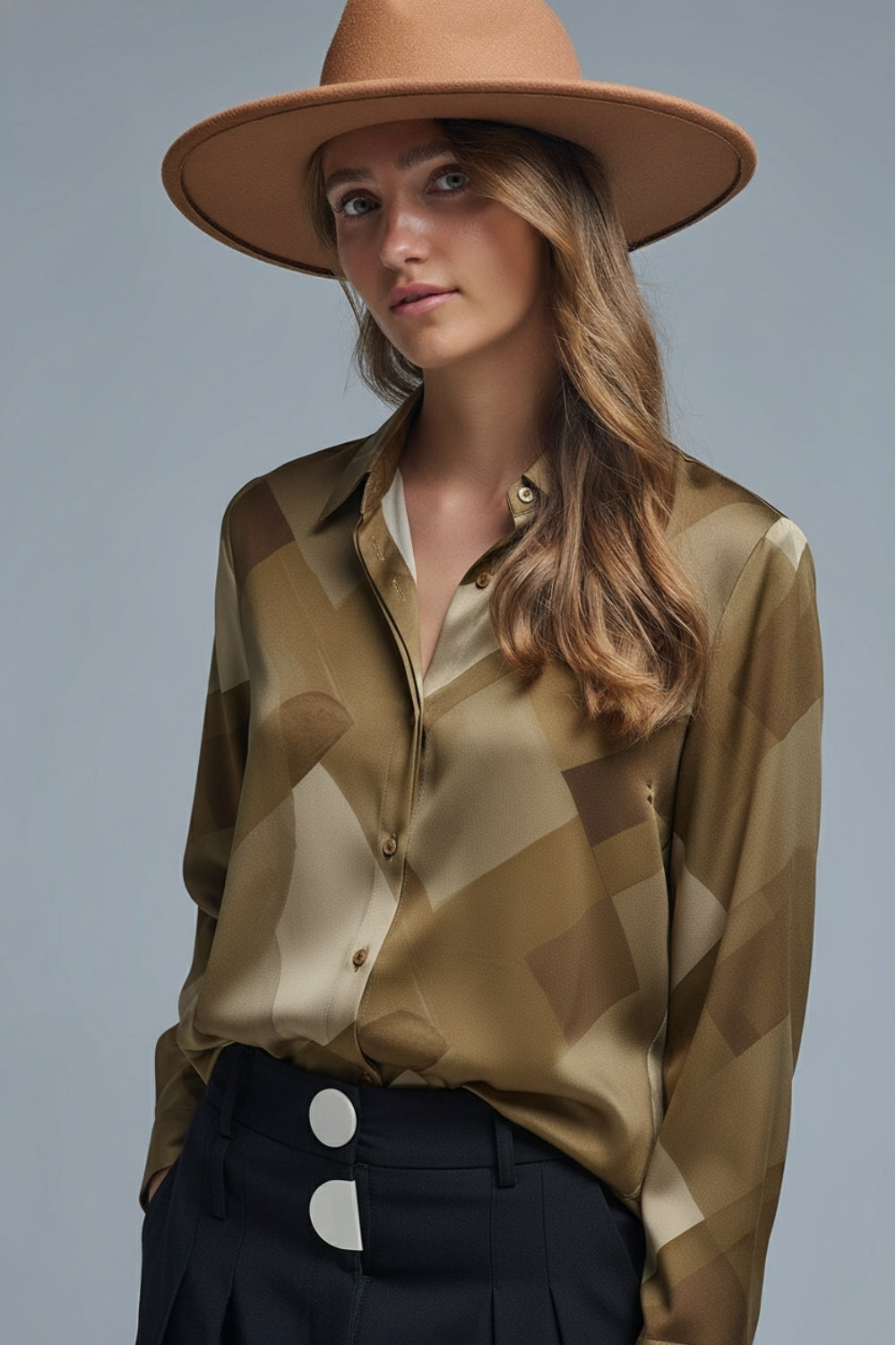 Green satin shirt with geometric print - Shirts