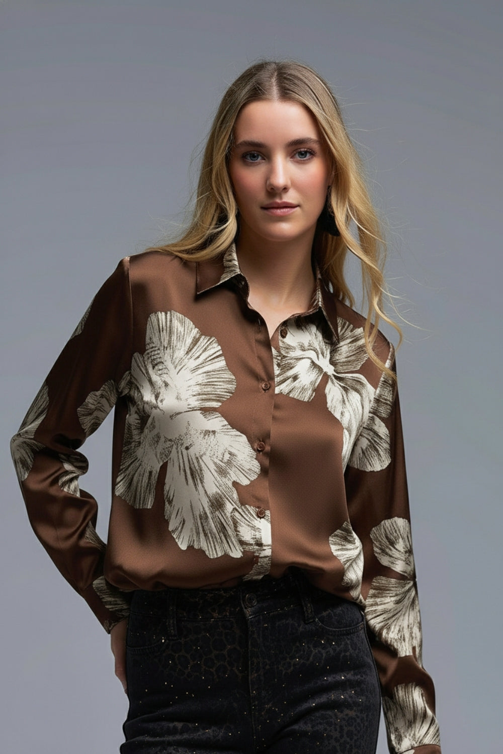 Brown Floral Button-Up Blouse in Satin fabric - Shirts