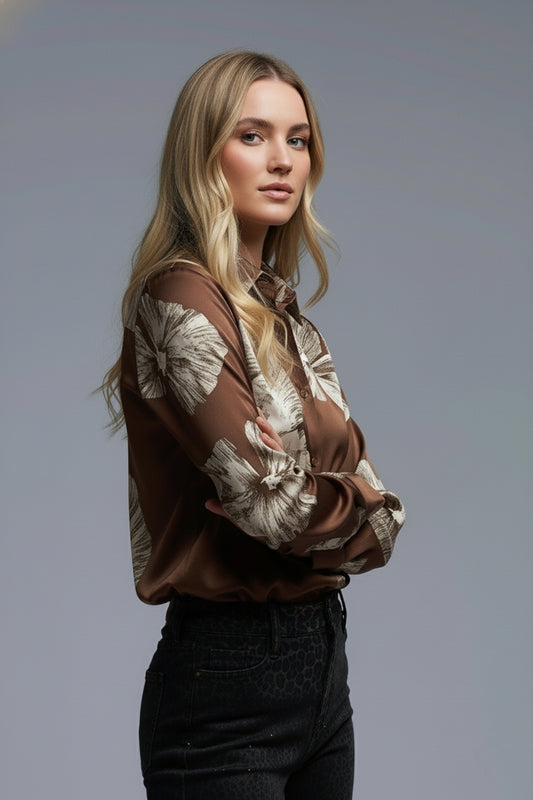 Brown Floral Button-Up Blouse in Satin fabric - Shirts