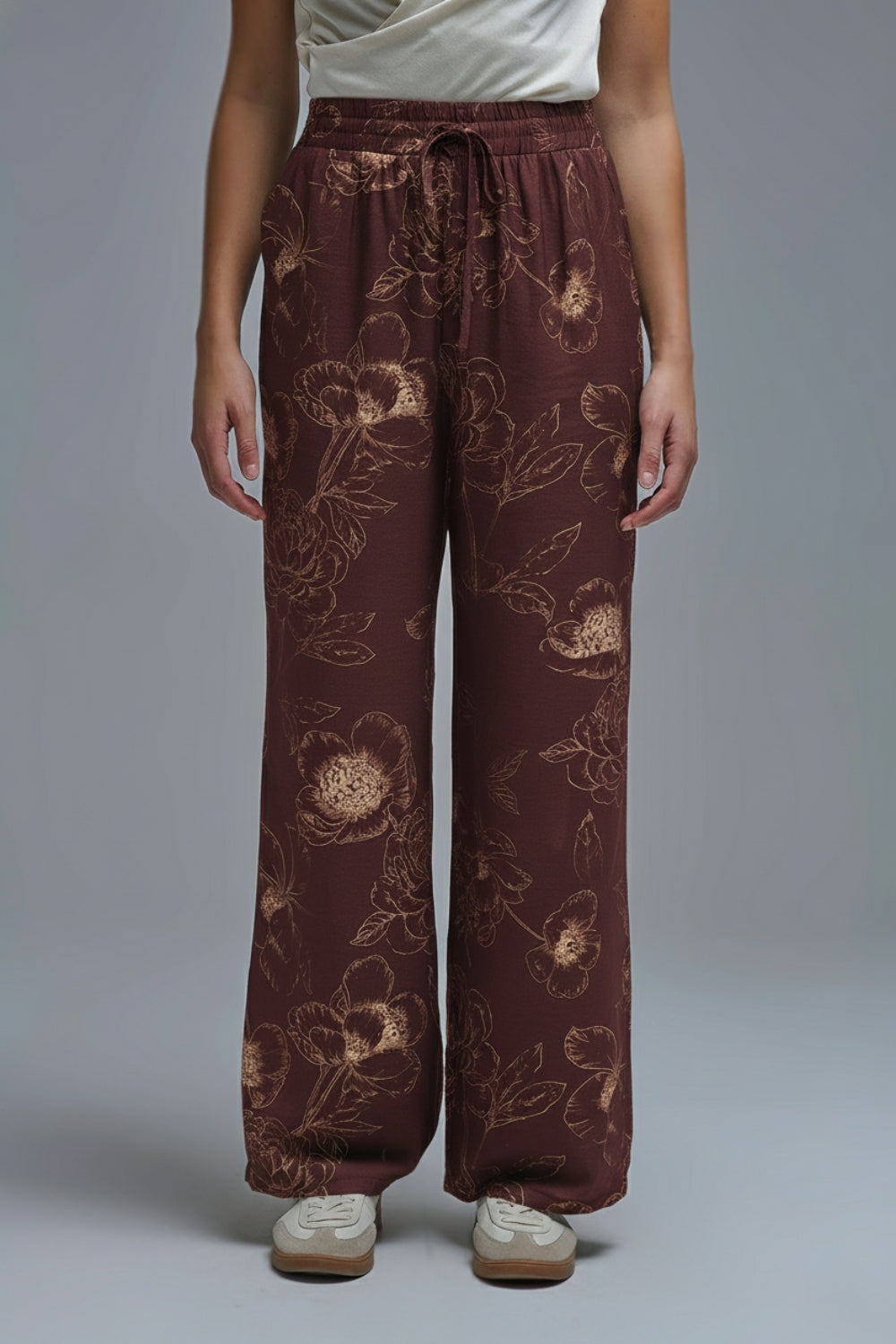 burgundy Light-weight Flowy Pants in Autumnal Floral Print - trousers