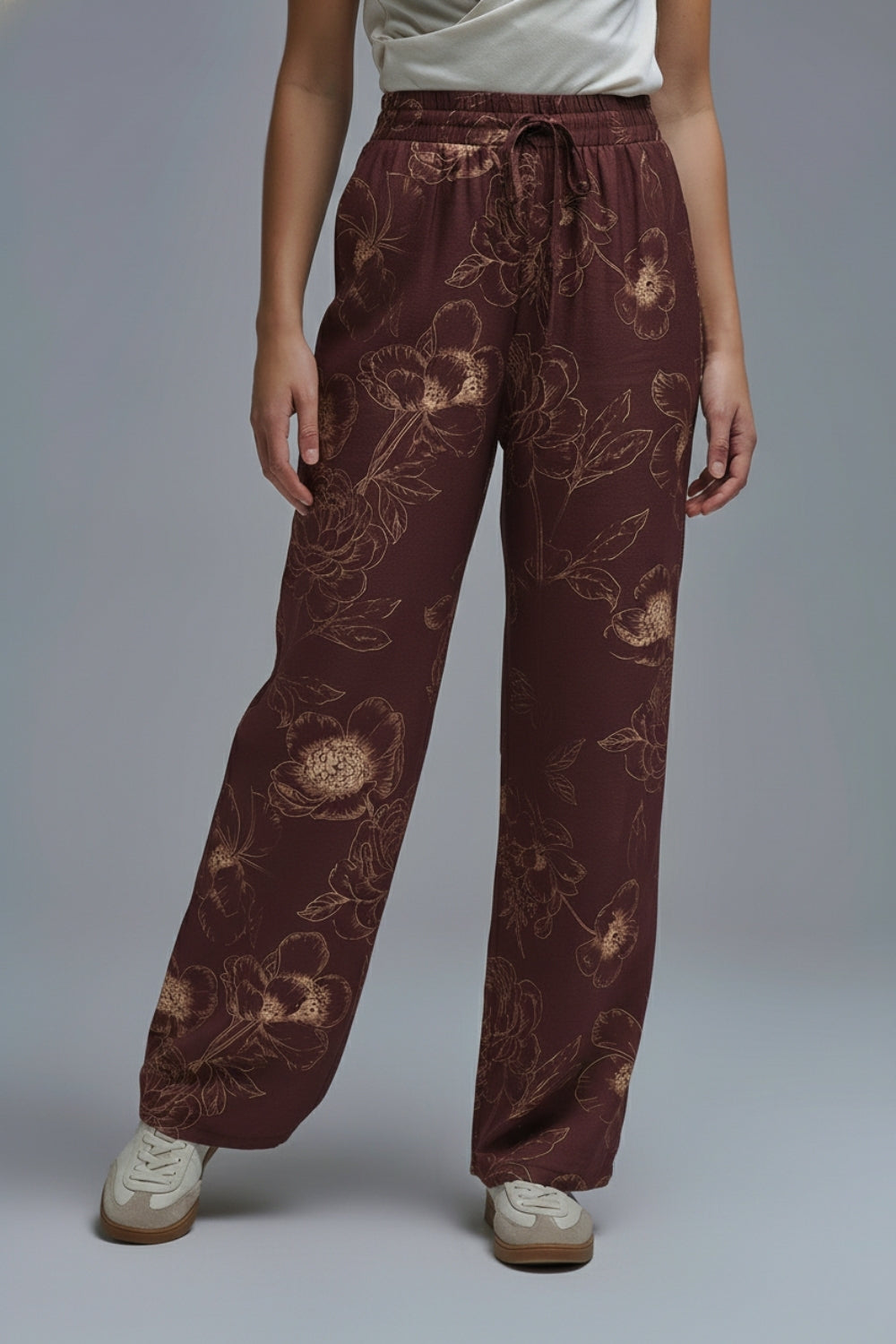 burgundy Light-weight Flowy Pants in Autumnal Floral Print - trousers