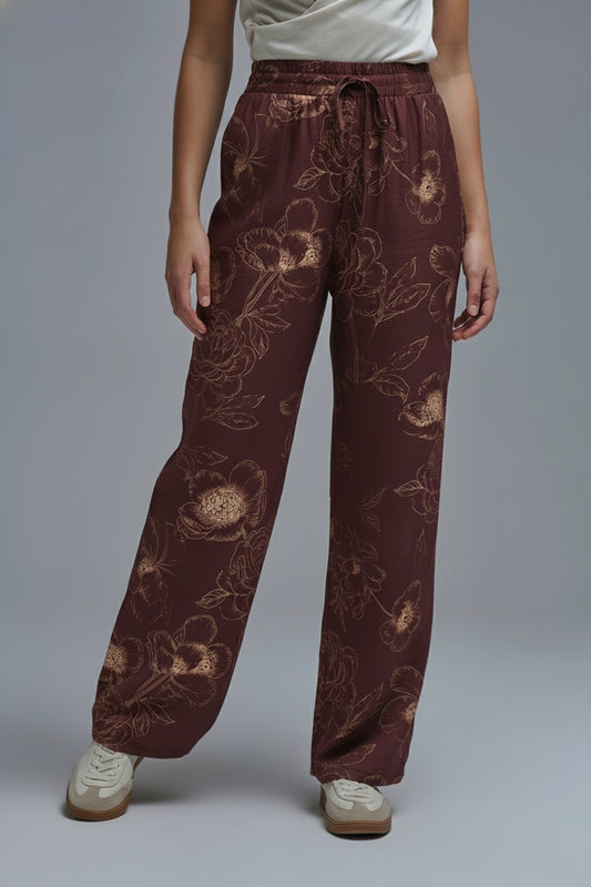 burgundy Light-weight Flowy Pants in Autumnal Floral Print - trousers