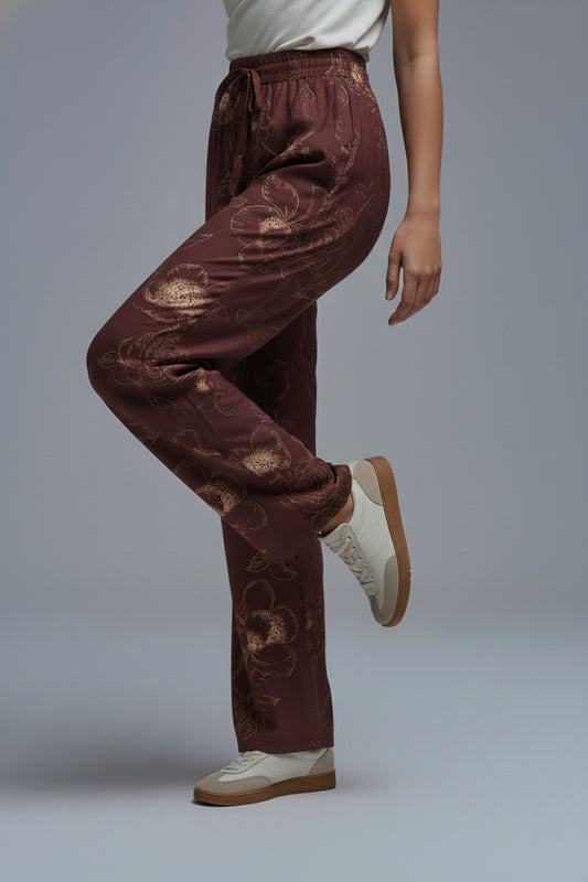 burgundy Light-weight Flowy Pants in Autumnal Floral Print - trousers