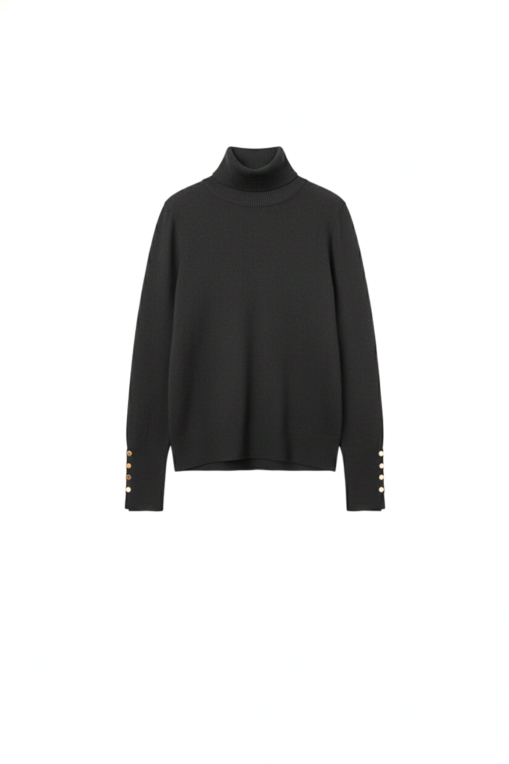 Black turtleneck sweater with gold buttons on the cuff