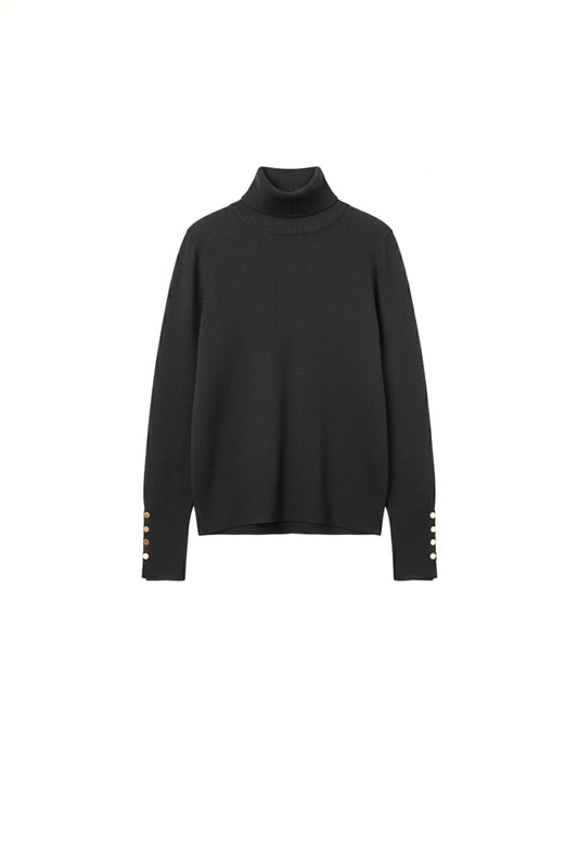 Black turtleneck sweater with gold buttons on the cuff