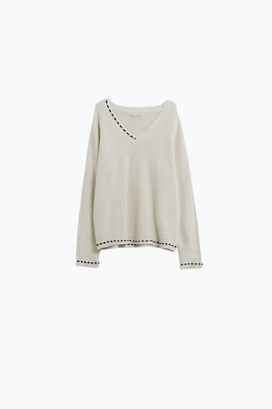 V neck sweater with black embroidered detail
