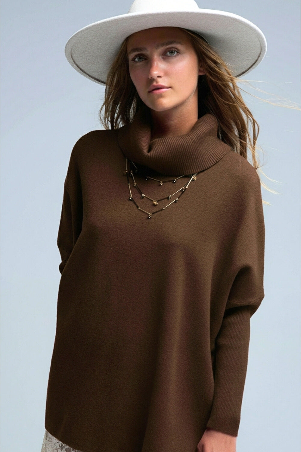 High Neck Tunic Sweater in brown with fitted sleeves