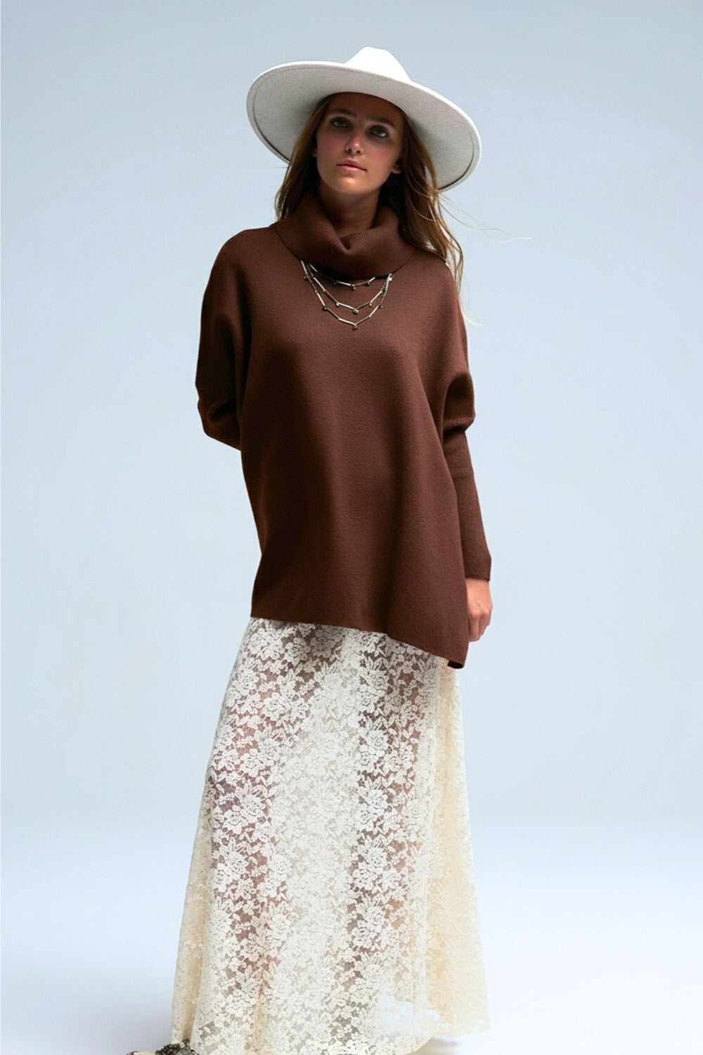 High Neck Tunic Sweater in brown with fitted sleeves