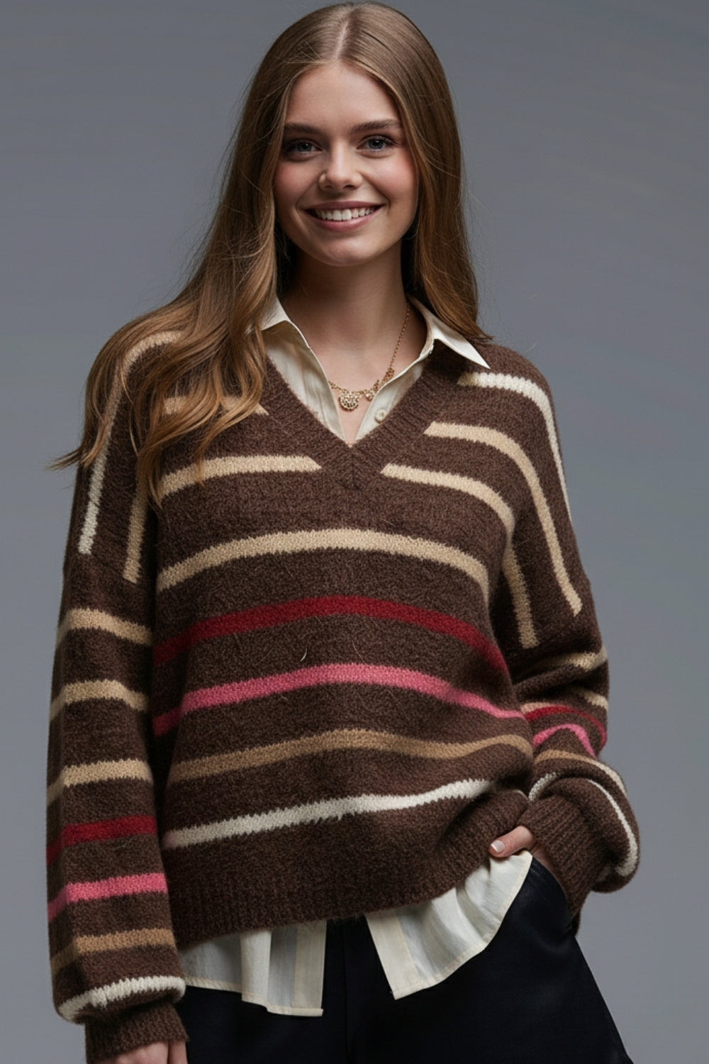 Brown Oversized Multicolor Stripe Jumper