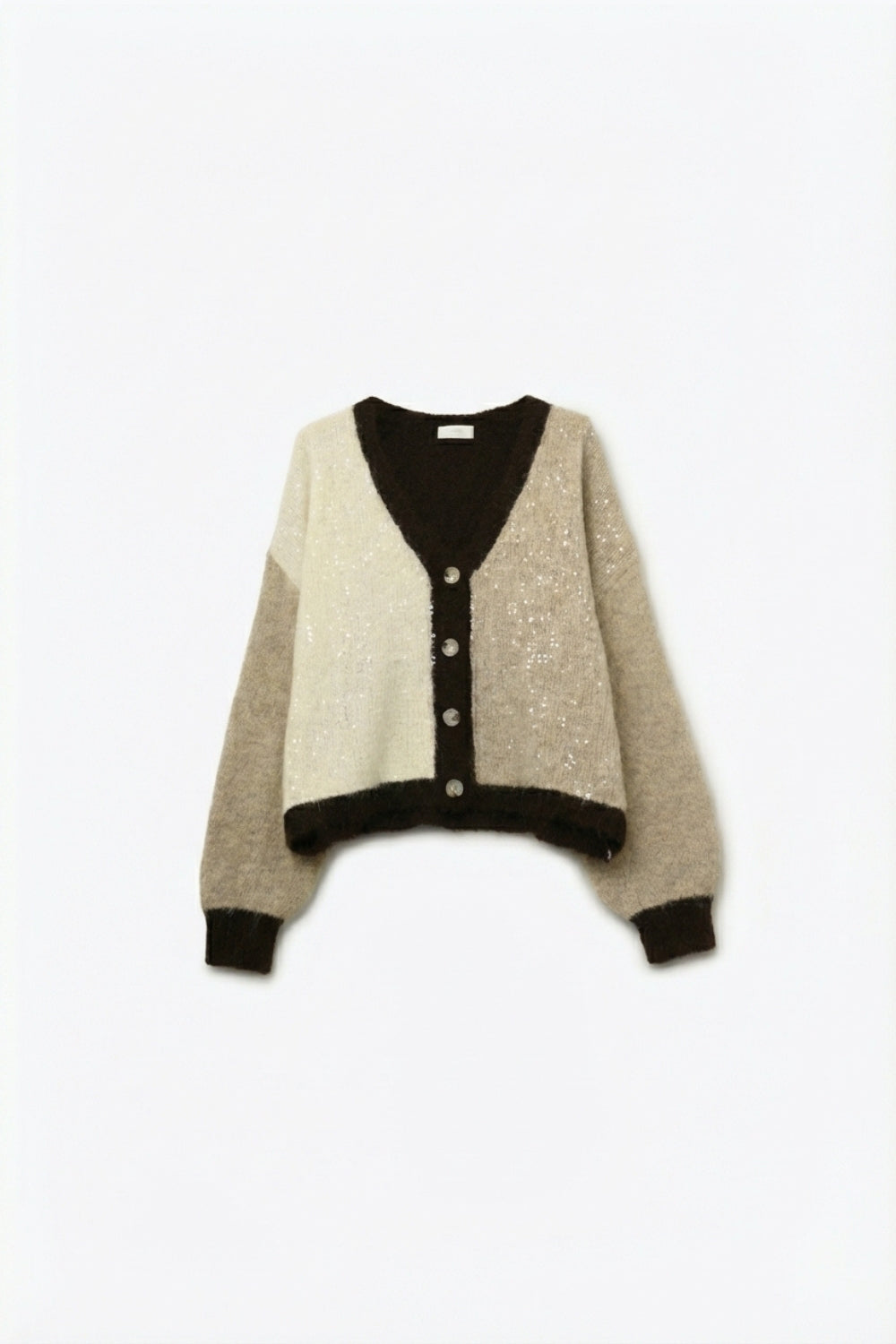 Color-block Sequin V-Neck Cardigan in beige and brown colors