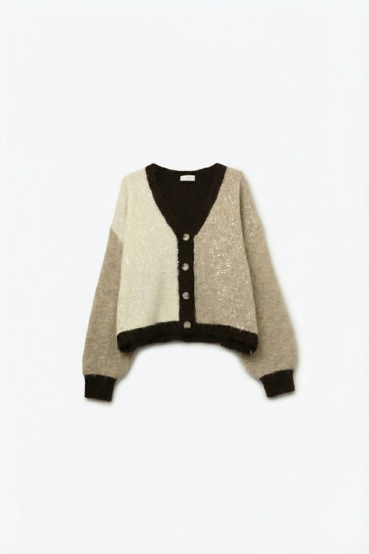 Color-block Sequin V-Neck Cardigan in beige and brown colors