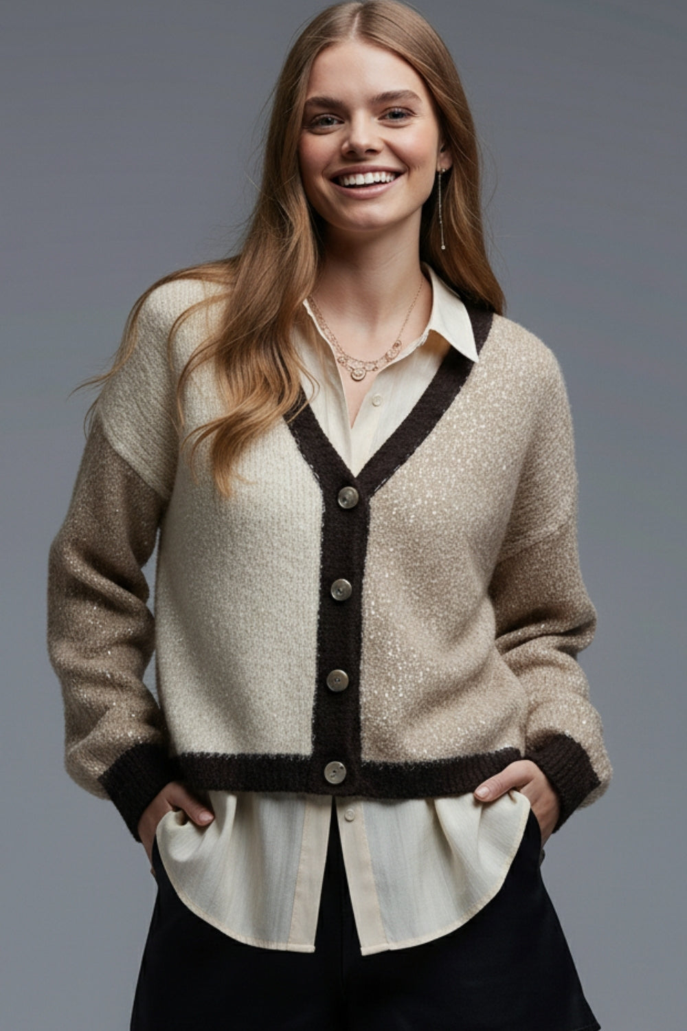 Color-block Sequin V-Neck Cardigan in beige and brown colors