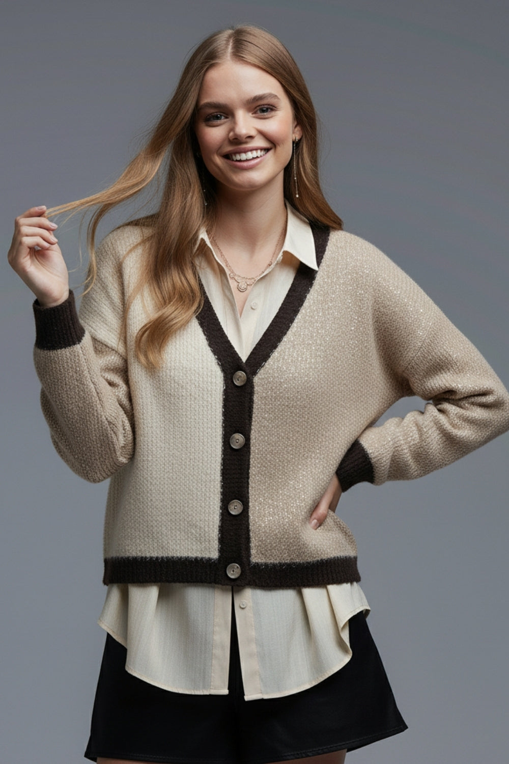 Color-block Sequin V-Neck Cardigan in beige and brown colors
