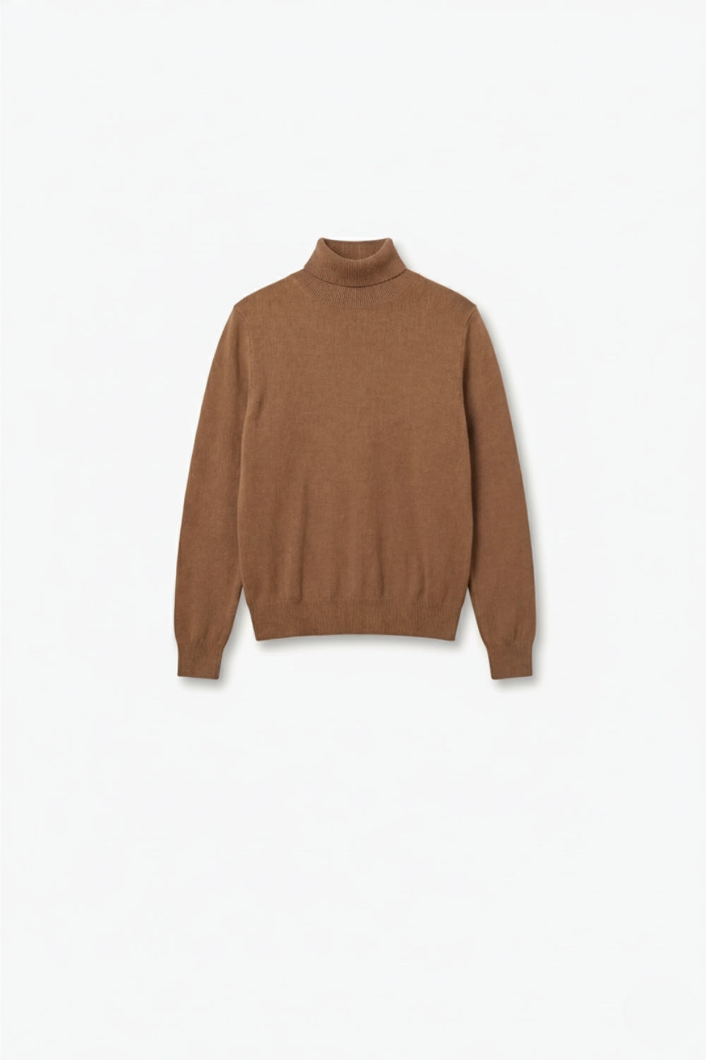 camel-colored turtleneck sweater in fine merino wool knit