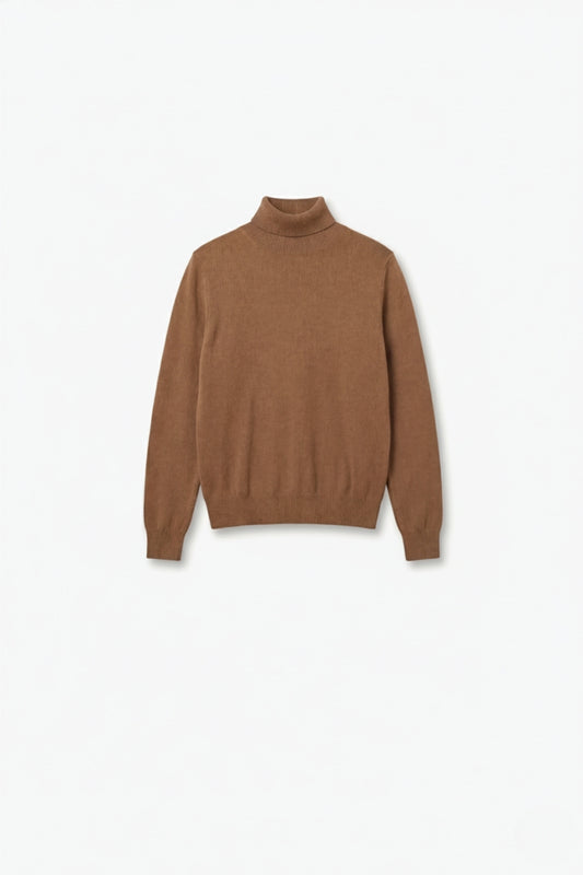 camel-colored turtleneck sweater in fine merino wool knit