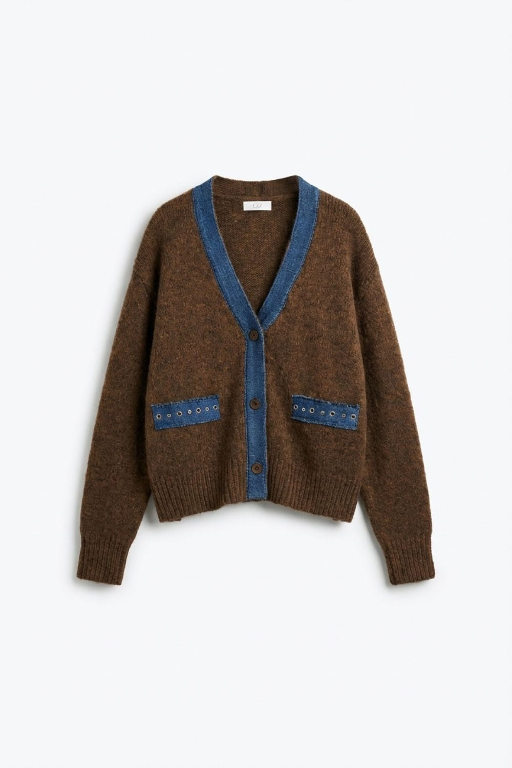 Brown cardigan with denim fabric details