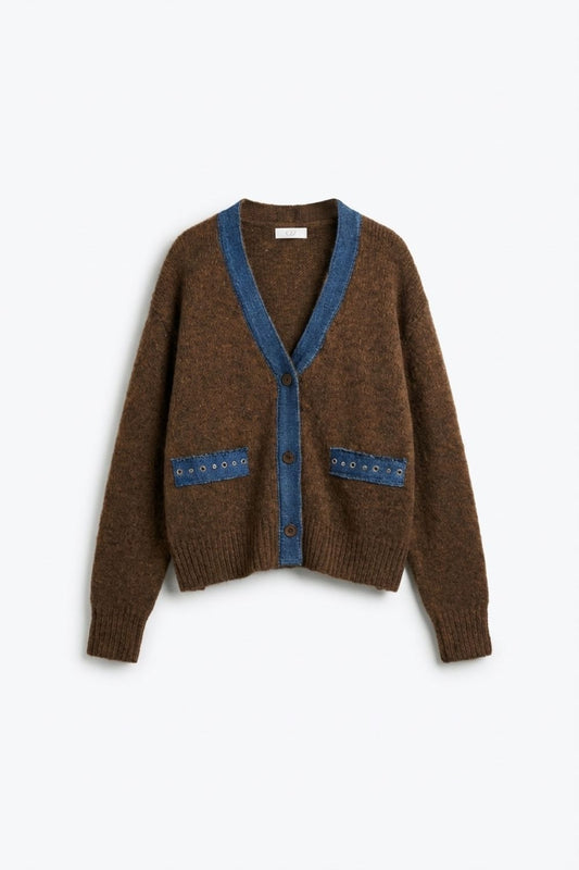 Brown cardigan with denim fabric details