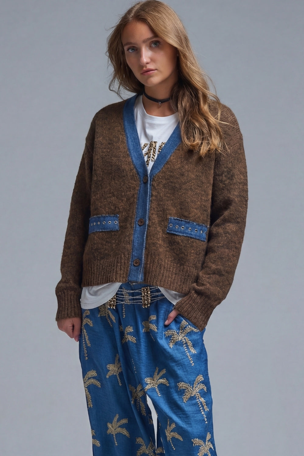 Brown cardigan with denim fabric details