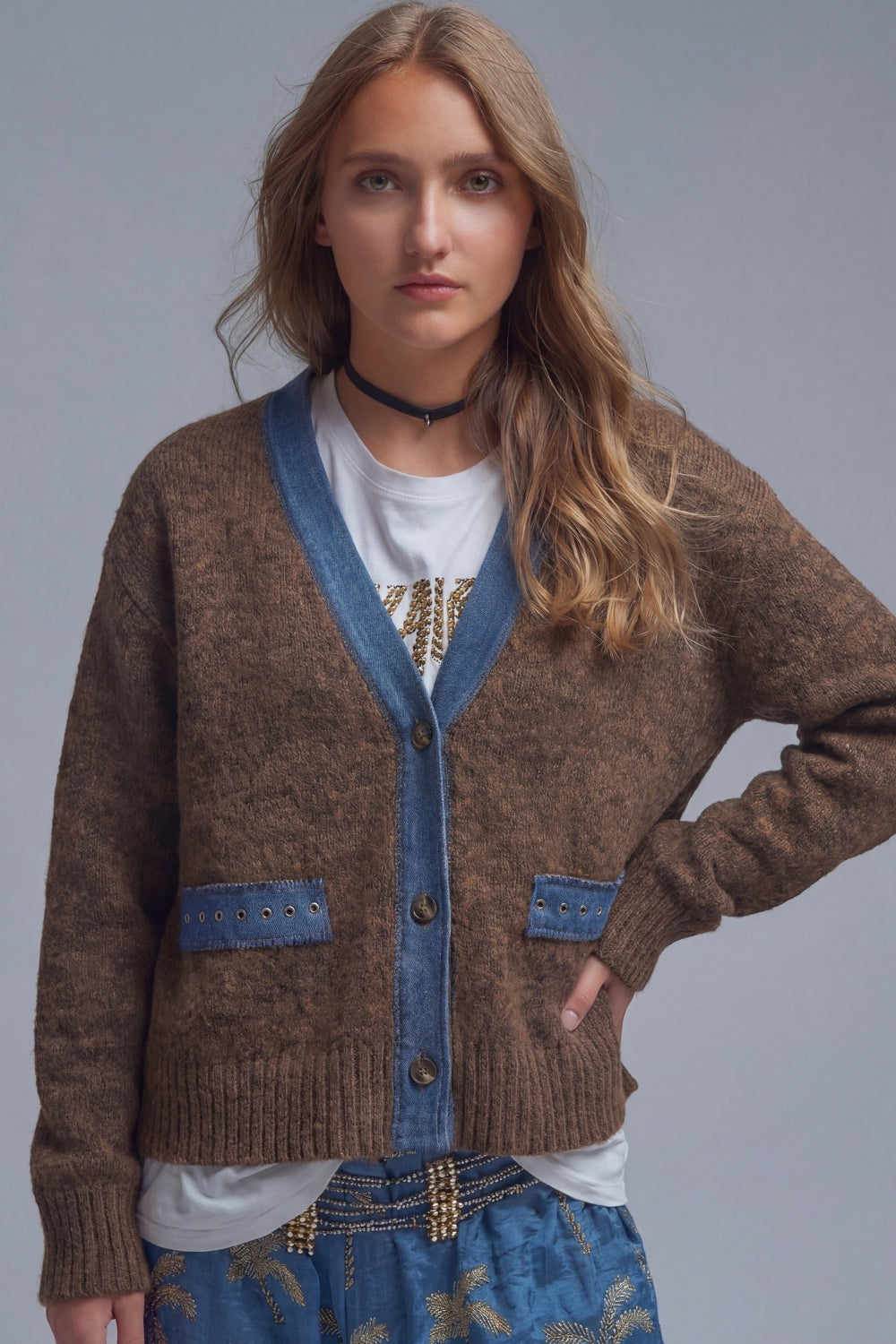 Brown cardigan with denim fabric details