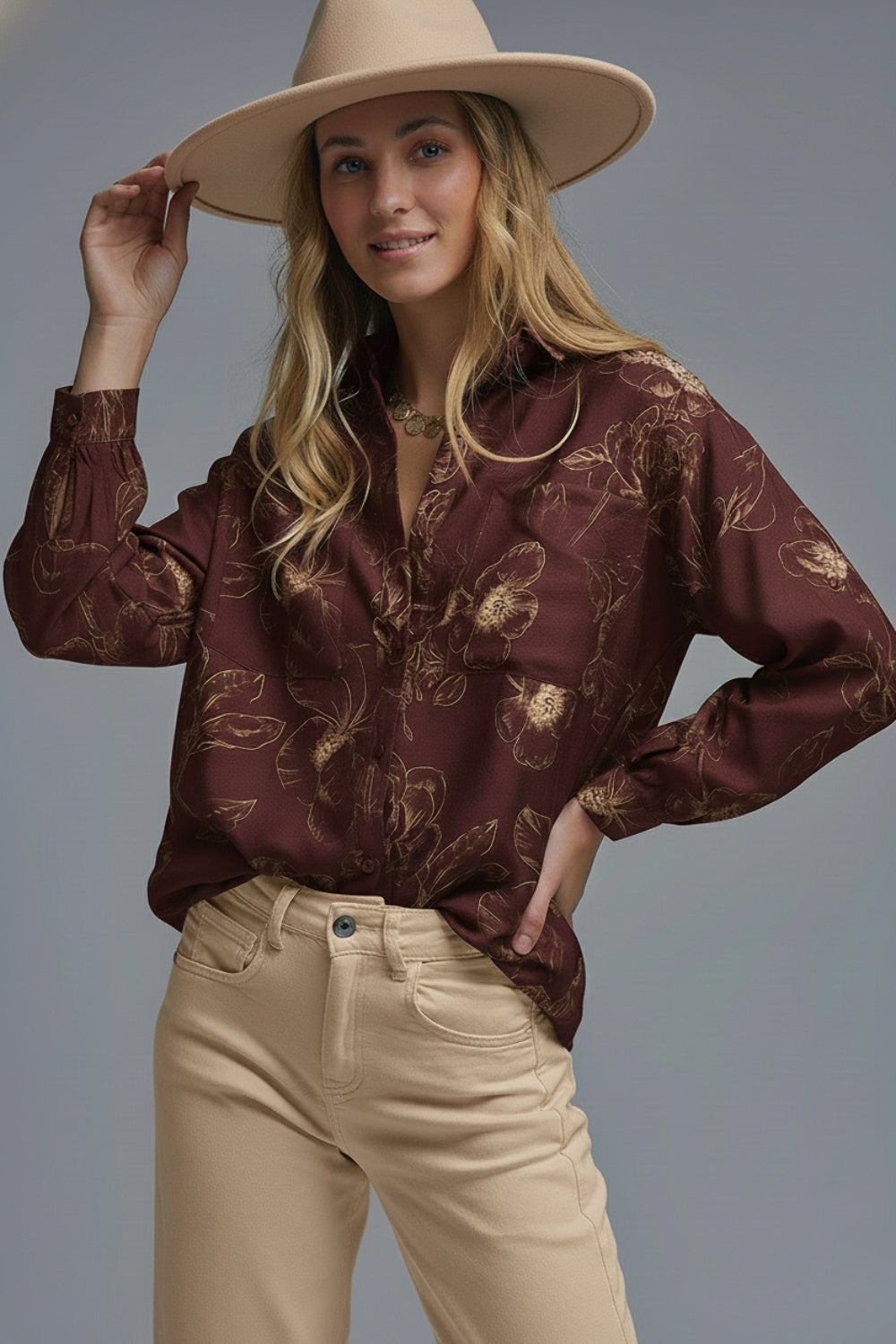 Burgundy Light-weight Flowy shirt in Autumnal Floral Print - Shirts