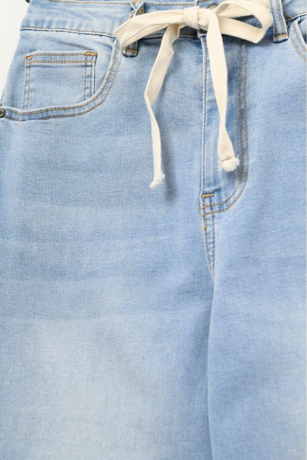 Light Wash Wide-Leg Jeans with Adjustable Drawstring Waist - Denim