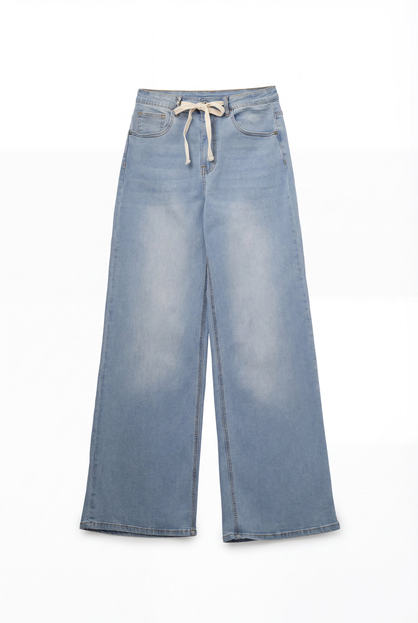 Light Wash Wide-Leg Jeans with Adjustable Drawstring Waist - Denim