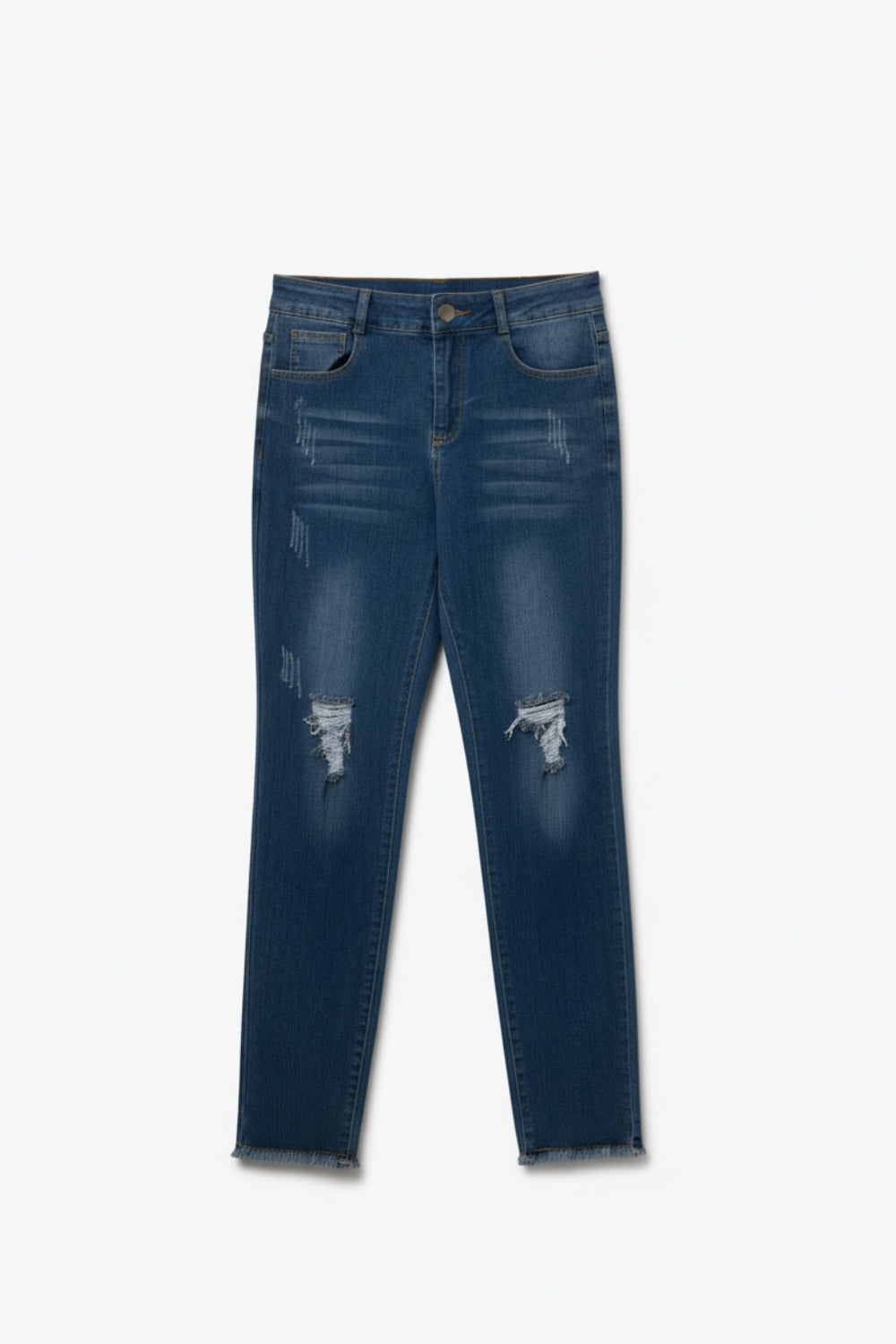 Distressed Skinny Jeans in Mid wash With Raw Edge - Denim
