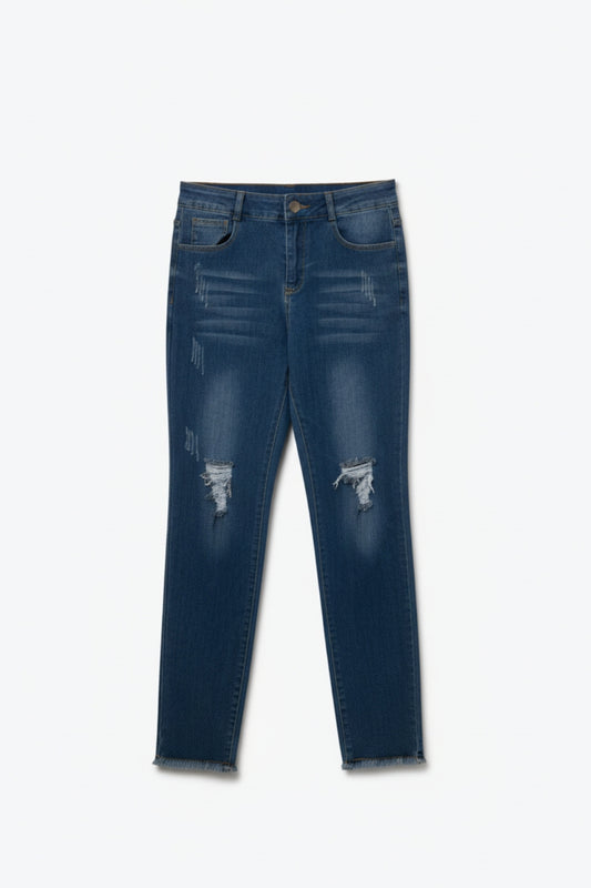 Distressed Skinny Jeans in Mid wash With Raw Edge - Denim