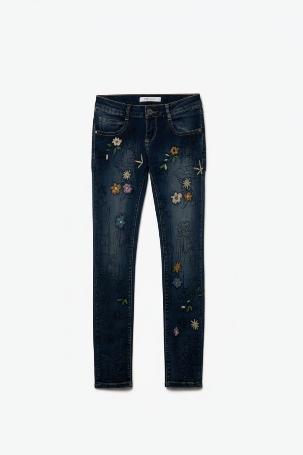 Skinny Jeans With Multicolor Embroidered Flowers - Denim
