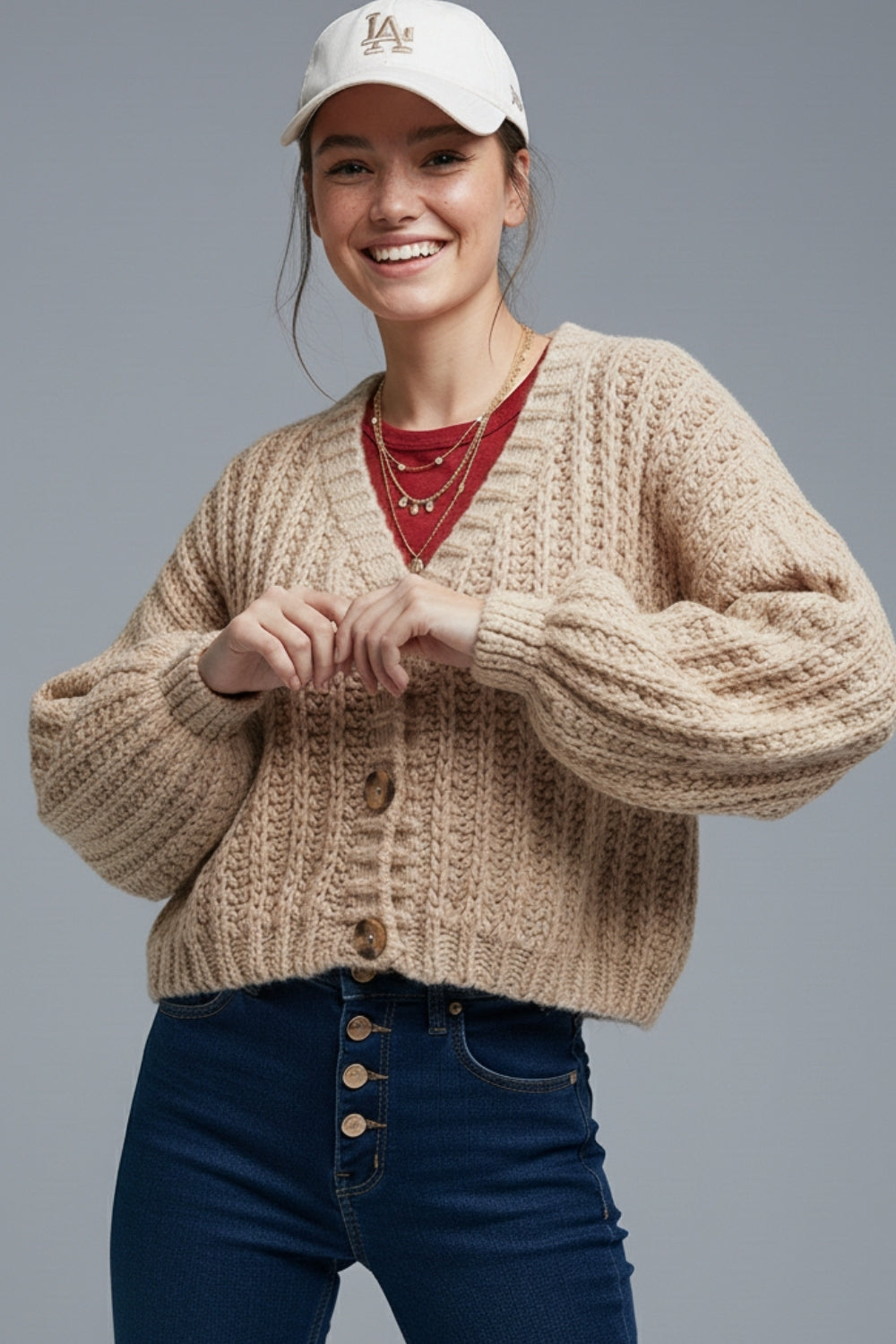 Open Knit Chunky Cardigan In dark beige