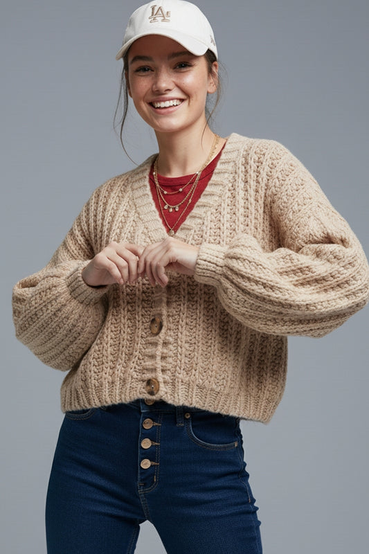 Open Knit Chunky Cardigan In dark beige