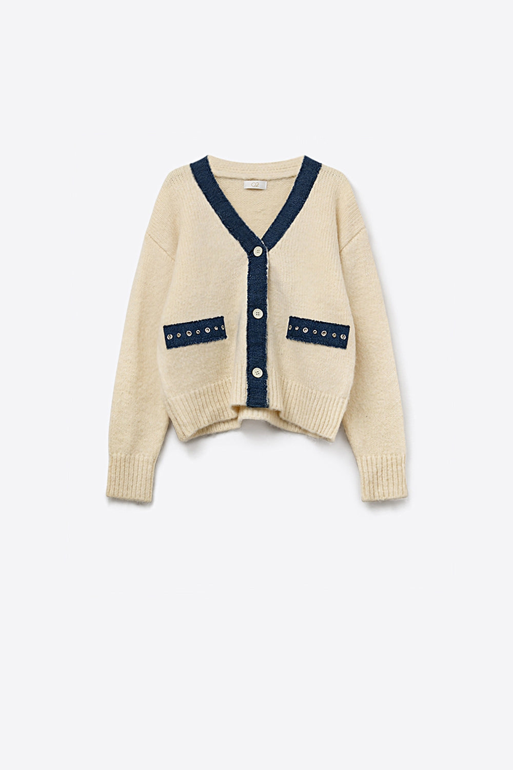 Cream cardigan with denim fabric details