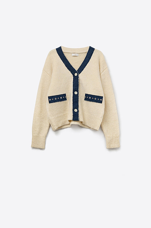 Cream cardigan with denim fabric details