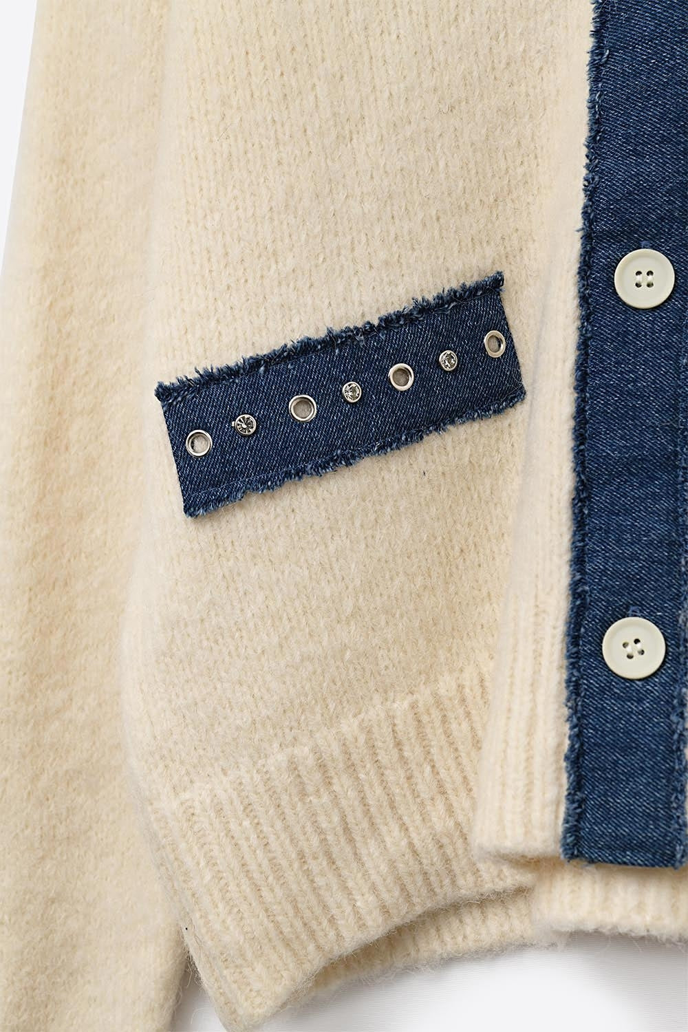 Cream cardigan with denim fabric details