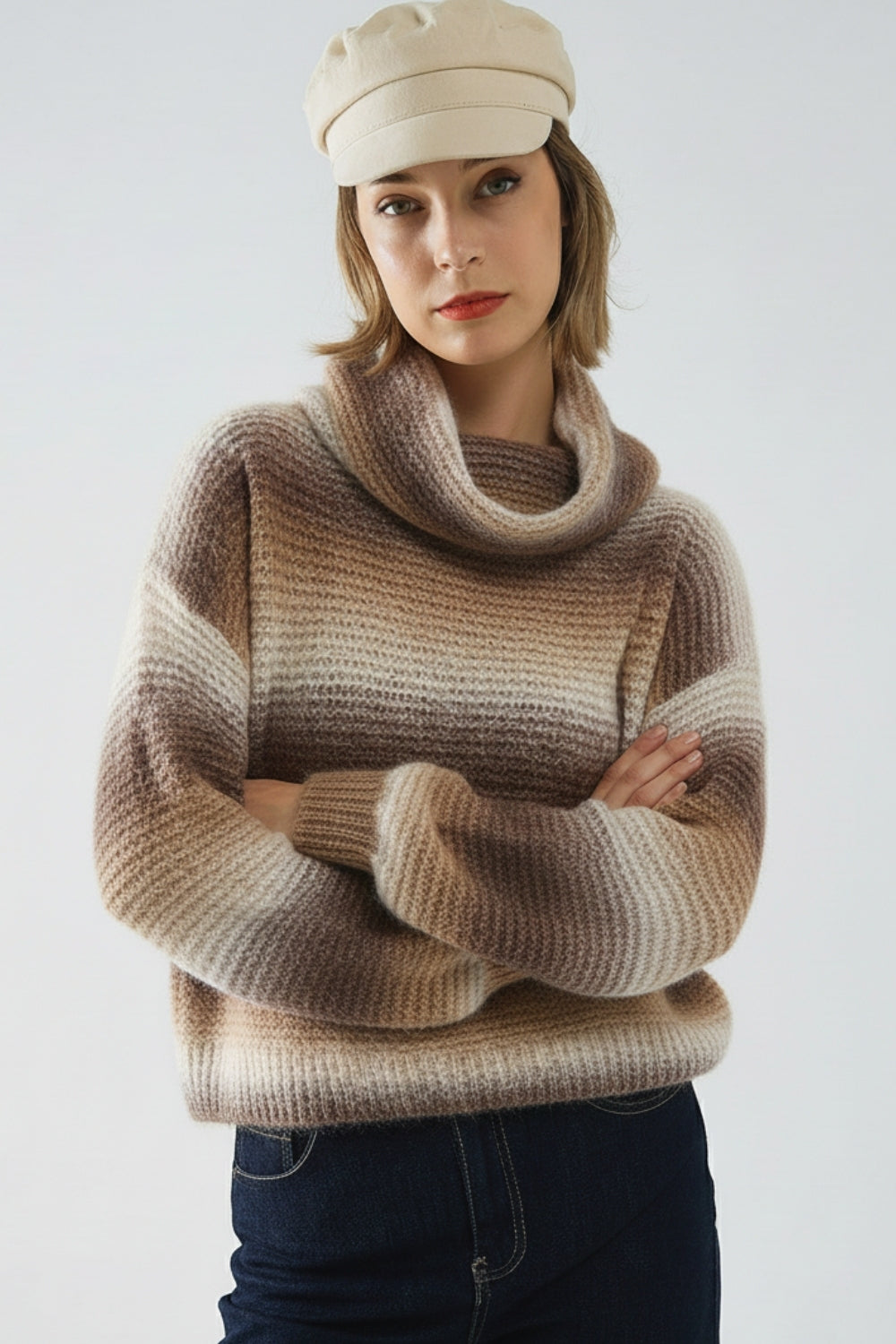 Oversized Turtleneck Comfy Sweater in Brown and Beige
