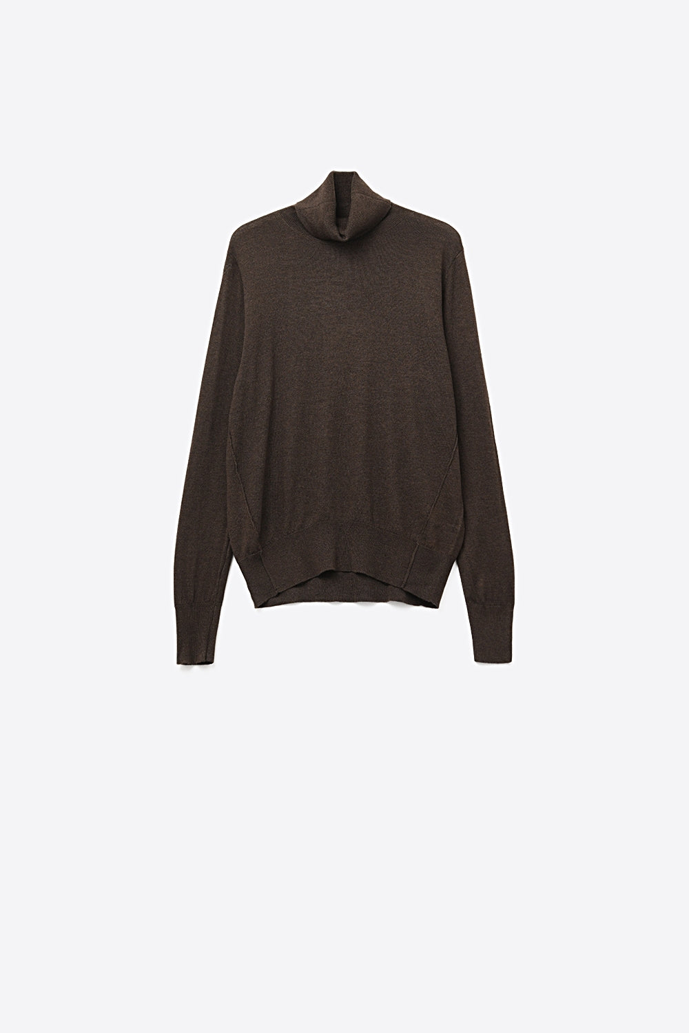 Brown-colored turtleneck sweater in fine merino wool knit