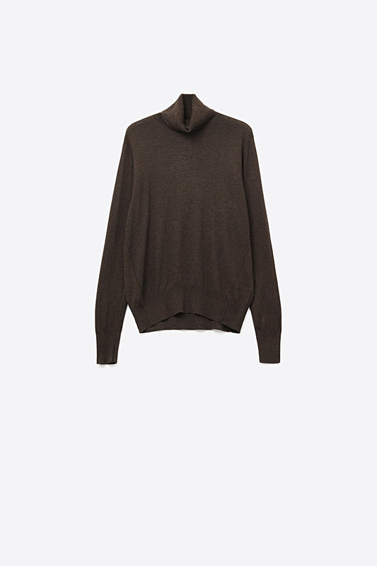 Brown-colored turtleneck sweater in fine merino wool knit
